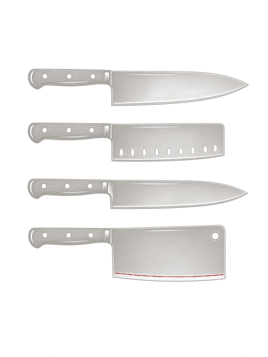 Four antique kitchen knives laid out in a row
